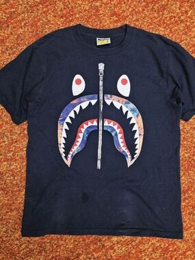 Bape Black Tie Dye Shark Face Graphic Tee with Multicolor Accents